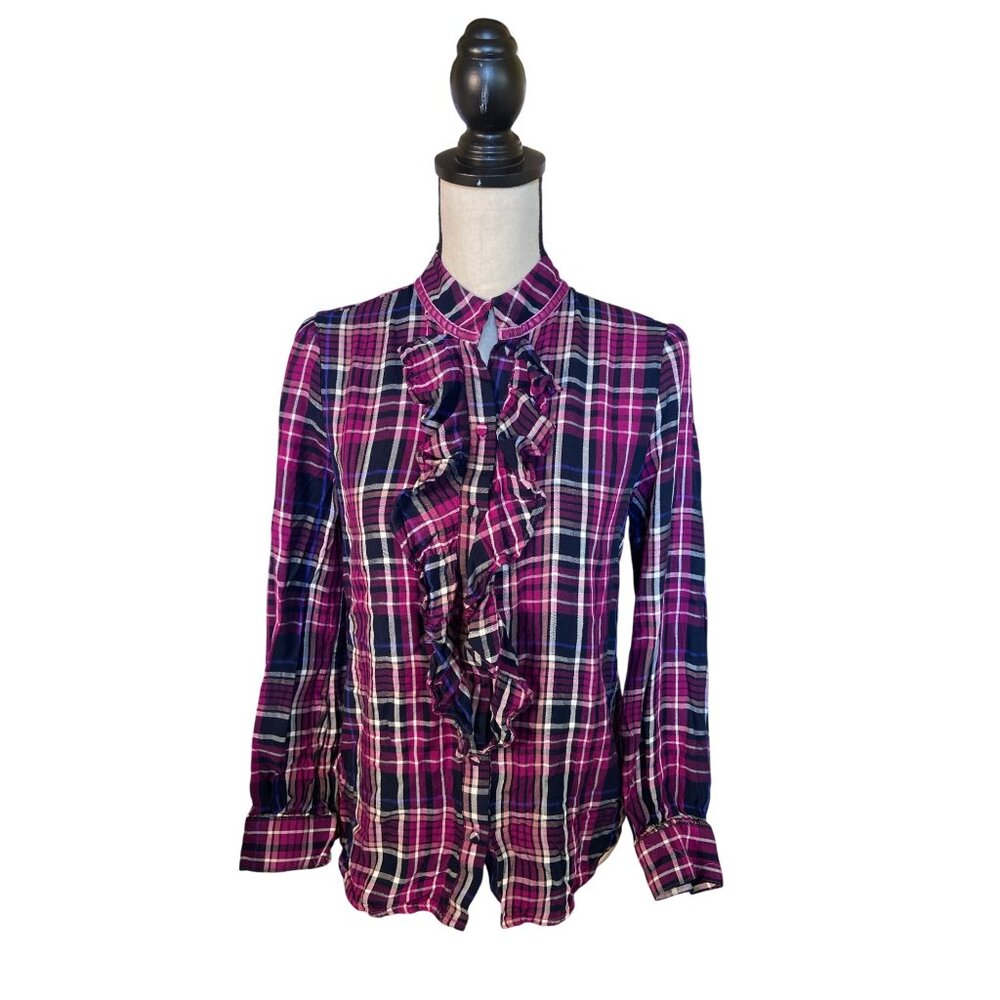Chicos Womens Shirt Small Ruffled Purple Black Plaid Button-Up Preppy Academia